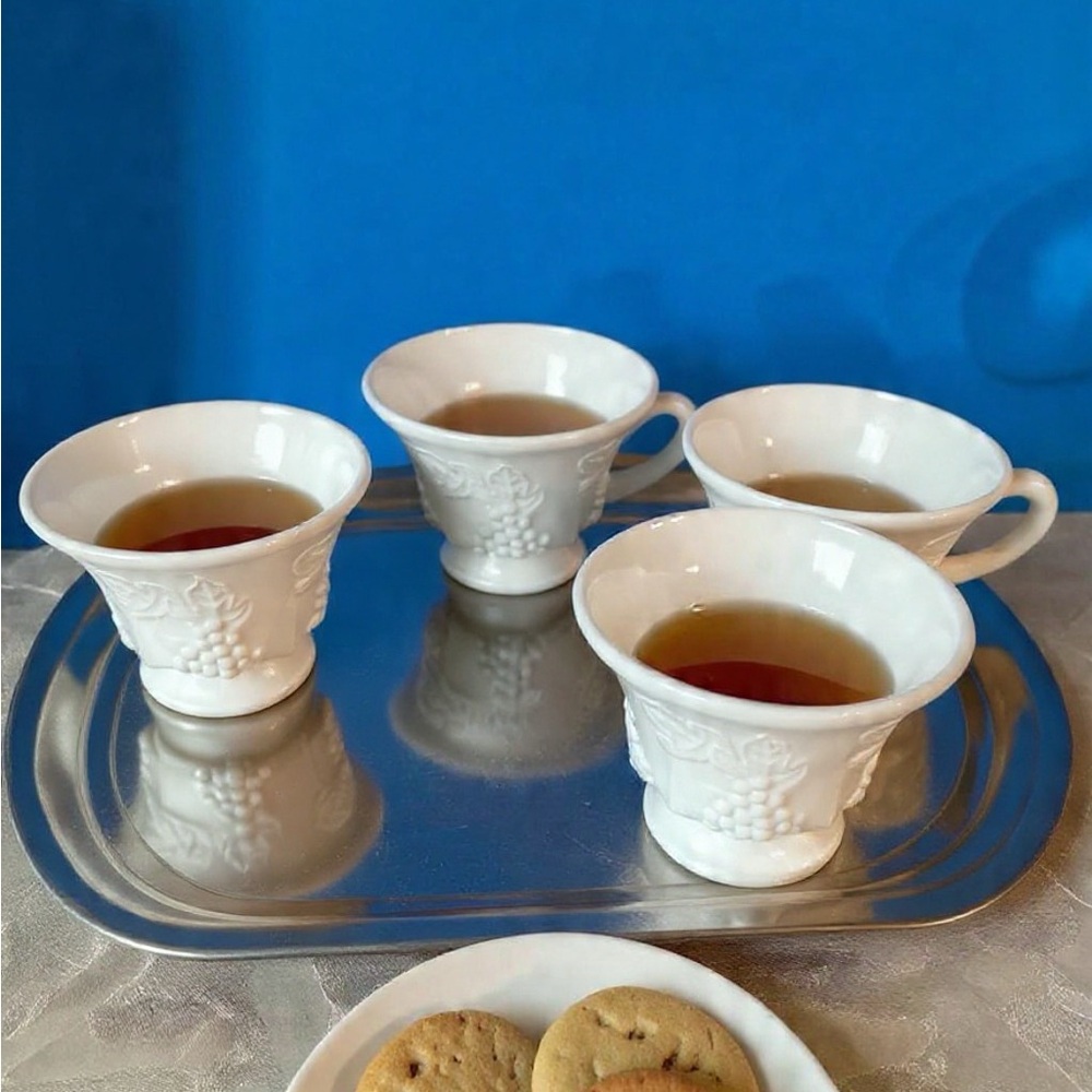 Set of 4 Indiana Milk Glass pedestal tea/punch in the Colony Harvest pattern